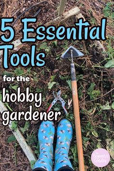 an image of gardening tools on the ground with text that reads, 5 essential tools for the hobby gardener