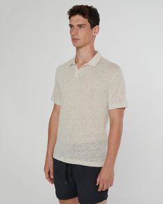 Cut for a relaxed fit, the Shaun Polo comes in soft linen jersey with a buttonless Johnny collar and short sleeves. Summer Linen Polo Shirt With Polo Collar, Classic Linen T-shirt For Summer, Classic Linen Short Sleeve T-shirt, Summer Linen Tops With Polo Collar, Casual Linen Polo Shirt For Summer, Everyday Summer Polo Shirt, Relaxed Fit Polo Shirt For Everyday Summer, Relaxed Fit Summer Polo Shirt For Everyday, Summer Relaxed Fit Polo Shirt For Everyday Wear