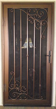 an iron door with glass panels on the outside