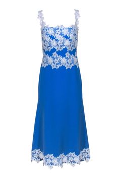 Turn heads in this stunning Lela Rose dress! Gorgeous white floral lace adorns the bust, straps and hem of this bold and bright blue beauty. Perfect for a wedding or formal event, this lovely dress has just the right amount of glam. Complete your eye-catching look with a neutral open-toe heel. Size 6 Shell 94% Polyester, 6% Elastane Lining 100% Polyester Made in USA Concealed back zipper Straight neckline Sleeveless Floral lace appliques on bust, hem and straps Bust 32" Waist 28" Shoulder to hem Blue Lace Dress With Lace Bodice For Spring, Blue Lace Dress With Fitted Bodice, Blue Lace Dress With Lace Bodice, Blue Lace Dresses With Fitted Bodice, Sleeveless Blue Lace Dress With Lace Bodice, Blue Sleeveless Lace Bodice Dress, Blue Formal Lace Dress With Lace Bodice, Blue Lace Bodice Summer Dress, Blue Lace Bodice Dress For Summer