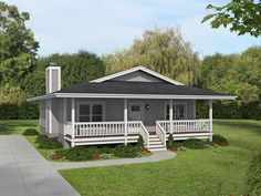 this is a computer rendering of a small house with porches and steps leading to the front door