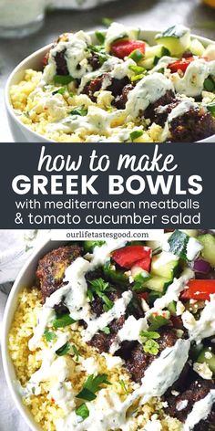 greek bowls with mediterranean meatballs and tomato cucumber salad in them are ready to be eaten