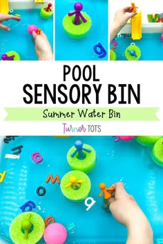 a collage of photos showing how to make a pool toy bin for summer water fun