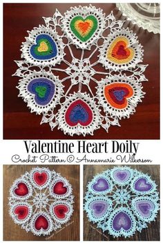 crocheted doily with hearts on it and the words valentine heart doily written in