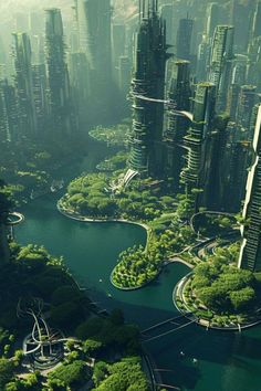 an aerial view of a futuristic city with lots of green trees and water in the foreground