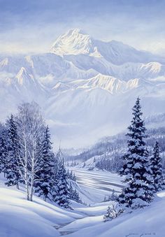 a painting of snow covered mountains and trees