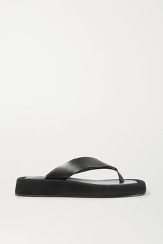 Black Ginza leather and suede platform flip flops | The Row | NET-A-PORTER Leather Platform Flip Flops For Beach, Leather Platform Flip Flops For The Beach, Modern Leather Flip Flops With Leather Footbed, Modern Leather Flip Flops With Textured Footbed, Leather Platform Flip Flops With Single Toe Strap, Heeled Flip Flops, Platform Flip Flops, Black Flip Flops, Shoes Stand