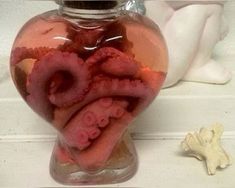 a vase filled with red liquid next to a starfish