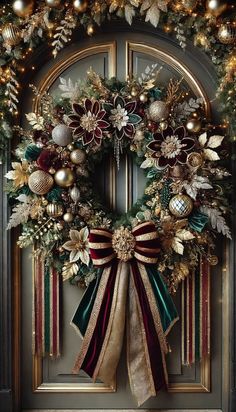 a christmas wreath is hanging on the front door