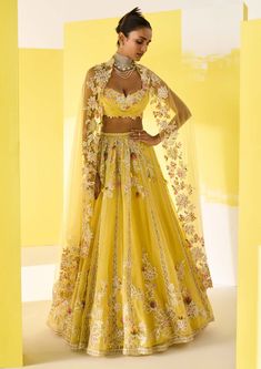 Ridhi Mehra-Lahya Yellow Embroidered Lehenga Set-INDIASPOPUP.COM Lehenga And Blouse, Ridhi Mehra, Haldi Outfit, Raw Silk Lehenga, Yellow Lehenga, Organza Lehenga, Embroidered Crop Tops, Embroidered Lehenga, Embroidered Dupatta