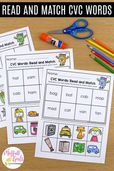 two worksheets with words and pictures on them to help students learn how to read and match cvc words