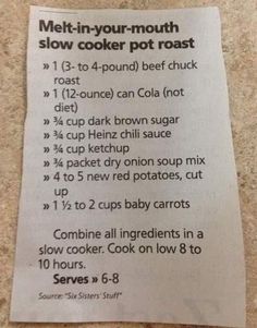 the instructions for how to make a slow cooker pot roast recipe are posted on a piece of paper