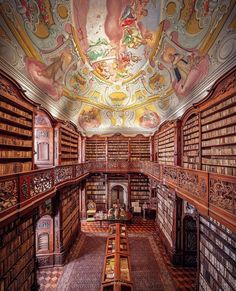 an old library with many bookshelves filled with lots of books and paintings on the ceiling