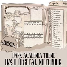 an open book with the words dark academa theme and digital notebooks on it