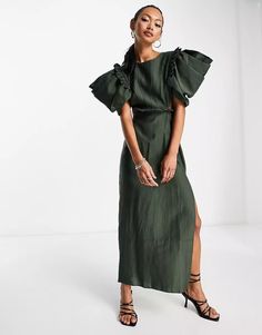 ASOS DESIGN pintuck midi dress with puff sleeve & cut-out waist detail in dark green | ASOS Dark Green Dress, Pin Tucks, Green Fashion, Dark Green, Puff Sleeve, Cold Shoulder Dress, Cut Out, Round Neck, Latest Trends