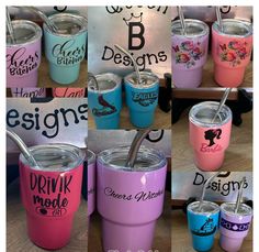 multiple pictures of different colored tumblers with straws in them and the name designs on each cup