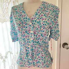 Nwt. This Feminine Rouje Floral Blouse Is Brand New. The Buttons Are Functional. Size 34 Purple Button-up Blouse For Daywear, Daywear Purple Top With Button Closure, Purple Floral Print Top For Daywear, Purple Button Closure Top For Daywear, Purple Short Sleeve Tops For Daywear, Purple Short Sleeve Blouse With Buttons, Purple Tops With Button Closure For Daywear, Fitted Purple Button-up Top, Purple Top With Button Closure For Daywear