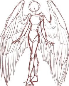 a drawing of an angel standing with its wings spread out and facing the right direction