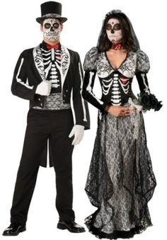 two people in skeleton costumes standing next to each other, one wearing a top hat