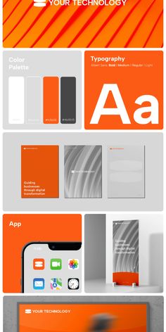 an orange and white brochure is shown with the words, colors, and font