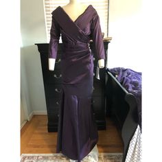 Nwt Satin Plum / Purple Dress With Jewel At Side! Elegant Purple V-neck Gown, Purple Fitted V-neck Gown, Purple Fitted Long Sleeve Gown, Fitted Long Sleeve Purple Gown, Purple Fitted Dress With Ruched Bodice, Purple Fitted Midi Evening Dress, Purple Ruched Dress With Fitted Bodice, Fitted Purple Dress With Ruched Bodice, Fitted Purple Maxi Dress For Evening