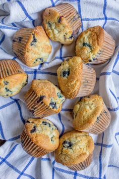 blueberry muffins sitting on top of a white and blue towel