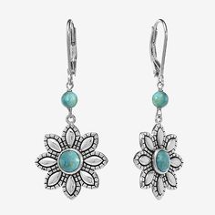 # Pieces In Set: 1 PairFeatures: Nickel Free, Quick ShipEarring Back: Lever BackShape: FlowerStone Cut: RoundStone Millimeter Measurement: 4 Mm LengthMetal Color: Silver ToneEarring Length: 42.6mmEarring Width: 18.2mmCare: Wipe CleanStone Type: 4 Enhanced TurquoiseAuthenticity: Enhanced TurquoiseEarrings Type: Wire EarringsEarrings Style: Drop EarringsMetal: Sterling SilverCountry of Origin: Imported Jewelry Designing, Flower Drop Earrings, Sterling Silver Flowers, Gem Stones, Earrings Drop, Type 4, Silver Flowers, Blue Turquoise, Diy Earrings