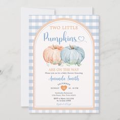 two little pumpkins are on the way baby shower card with gingham checkerboard