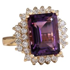 Stamped: 14K Yellow Gold Total Ring Weight: 6.1 Grams Ring Length: N/ARing Width: N/A Gemstone Weight: Total Natural Amethyst Weight is 6.53 Carat (Measures: 13.20x9.40 mm) Color: Purple Diamond Weight: Total Natural Diamond Weight is 1.00 Carat Quantity: 30 Color: F-G, Clarity: VS2-SI1 Face Measures: 18.30x17.60 mm Sku: [702495W] Formal Purple Sapphire Ring With Gemstone Accents, Purple Heirloom Ring For Formal Occasions, Elegant Multi-stone Amethyst Ring In Yellow Gold, Heirloom Amethyst Ring With Accent Stones For Formal Occasions, Heirloom Amethyst Ring With Accent Stones For Formal Events, Luxury Purple Sapphire Ring For Formal Occasions, Formal Purple Diamond Ring With Prong Setting, Classic Purple Diamond Ring For Formal Occasions, Timeless Purple Rings For Formal Occasions