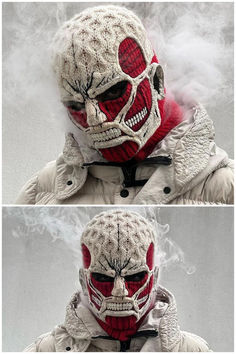 The Colossal Titan balaclava, meticulously hand-knitted Colossal Titan, Attack On Titan Series, Sweater Storage, Knitted Balaclava, Trike Motorcycle, Legendary Creature, Cool Costumes, Yarn Crafts, Japanese Anime