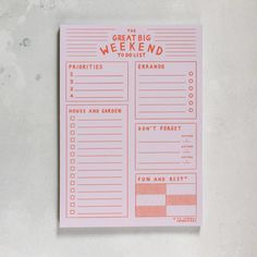 The Great Big Weekend To Do List A5 Pad Finest Imaginary Bonjour Fete - Party Supplies Weekend To Do List, To Do List Pad, Planner To Do List, Planner Organisation, Desk Planners, List Design, Family Planner, Daily Plan, Cute Stationery