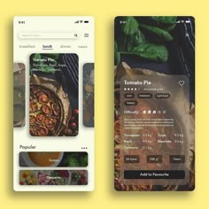 two mobile screens with food items on them