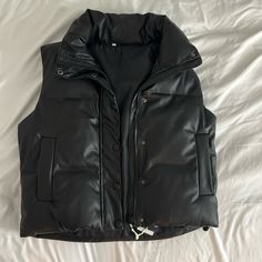 Leather Bomber Vest Size Xs Runs Big Might Fit A M Still Has Tag On Never Worn Because It Fit Too Big Black Leather Cropped Puffer Vest, Leather Down Vest, Leather Puffer Gilet, Bomber Jackets, New Outfits, Bomber Jacket, Jackets & Coats, Jackets For Women, Blazer