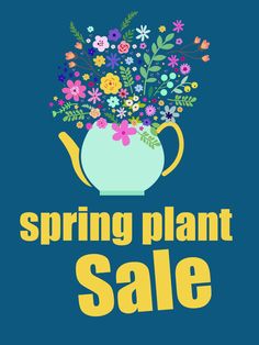 the words spring plant sale are displayed in front of a teapot filled with flowers