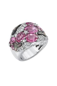 Definitely a statement ring for a jewelry aficionado! One of a kind cocktail ring by an award winning New York brand Gumuchian Fils. 18k solid white gold ring has celestial theme with the stars and clouds. Top quality 10 pink sapphires ranging in size, estimated 13 + carats total weight. 72 brilliant white diamonds, FG VS quality ranging in size from 1.2mm - 2.5mm, with 1 carat estimated weight. 4 carved abalone shell clouds. Total weight of the ring is 25,3 gr. Front part of the ring is 20 mm w Luxury Multi-stone Pink Sapphire Ring, Luxury Pink Sapphire Ring With Gemstone Accents, Luxury Pink Multi-stone Sapphire Ring, Elegant Pink Multi-stone Sapphire Ring, Pink Multi-stone Sapphire Diamond Ring, Pink Multi-stone Sapphire Ring With Diamond, Luxury Pink Sapphire Gemstone Ring, Fine Jewelry Pink Rings With Polished Finish, Pink Rings With Polished Finish Fine Jewelry