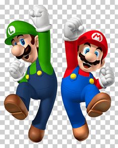 mario and luigi are jumping in the air with their arms up to each other, both wearing