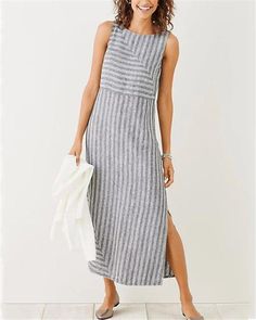 Striped Linen Dress, Side Split Dress, Holiday Maxi Dress, Causal Dresses, Printed Casual Dresses, Chique Outfits, Neck Women, Striped Sleeveless Dress, Maxi Robes