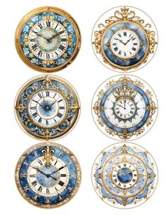 four clocks with different designs on them, all in gold and blue colors are shown