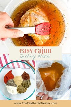 four different pictures with the words easy cajun turkey brine on them and an image of