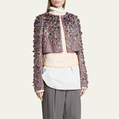 Dries Van Noten "Bea" short jacket in an allover sequin embellished finish with rhinestones throughout  Round collar  Open front  Long sleeves Hip length  Relaxed fit  Polyester/nylon/polyamide/silk Imported Designer Silk Outerwear For Party, Designer Silk Party Outerwear, Spring Glamorous Embellished Blazer, Luxury Spring Party Outerwear, Spring Embellished Fitted Blazer, Designer Embellished Outerwear For Party, Designer Embellished Party Outerwear, Embellished Silk Outerwear, Spring Embellished Long Sleeve Blazer