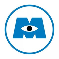 the m logo with an eye in it's center is blue and has black letters