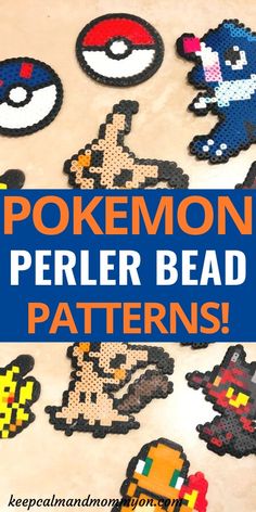 the words pokemon perler bead patterns are shown in front of an image of different types