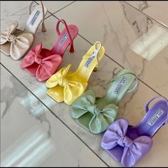 Yellow Patent Pu Mules Patent Bow Upper Memory Foam Padding 4” Heels Luxury Bow Straps Heels For Spring, Purple Heels Outfit, Tea Party Attire, Bling Bows, Denim Bows, Pink Mules, Bow Mules, Black Clogs, Purple Heels