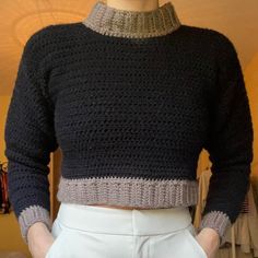 Mock-Neck Cropped Sweater! Crocheted By Me With Black And Brown Acrylic Yarn. Best Fits Size Xxs-Xs. Never Been Worn And Brand New Ready To Ship! Black Crochet Clothes, Black Yarn Crochet Ideas, Brown Crochet Sweater, Black Crochet Sweater, Scoop Sweaters, Black Cropped Sweater, White Cashmere Sweater, Outfits 2014, Brown Crochet