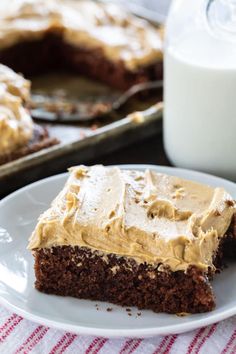 a piece of chocolate cake with frosting on a plate next to a glass of milk