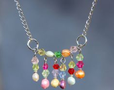 Rainbow colorful crystal pearl pendant necklace Bridesmaids gifts Free US Shipping handmade Anni Designs Multicolor Pearl Chain Jewelry For Gift, Beaded Chain Pendant Pearl Necklace As Gift, Gift Beaded Dangle Necklaces With Adjustable Chain, Gift Beaded Dangle Necklace With Adjustable Chain, Gift Beaded Necklaces With Adjustable Chain And Dangle Shape, Pearl Chain Dangle Charm Necklace For Gifts, Dangle Charm Necklace With Pearl Chain As Gift, Pearl Chain Charm Necklace With Dangle For Gifts, Handmade Dangle Necklaces For Mother's Day