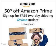 an advertisement for amazon prime students with the image of a woman holding boxes on her head