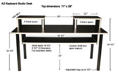 a desk with two shelves and measurements for each shelf