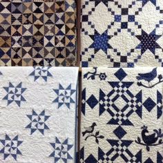 four quilts with different designs on them, one is blue and the other is white