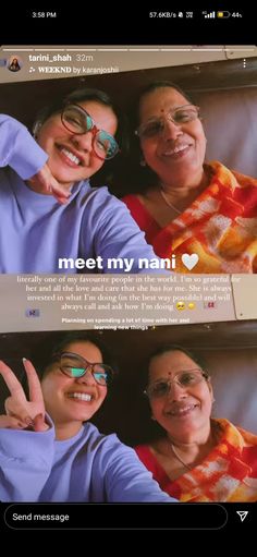 two women are smiling and making the peace sign with their hands in front of them